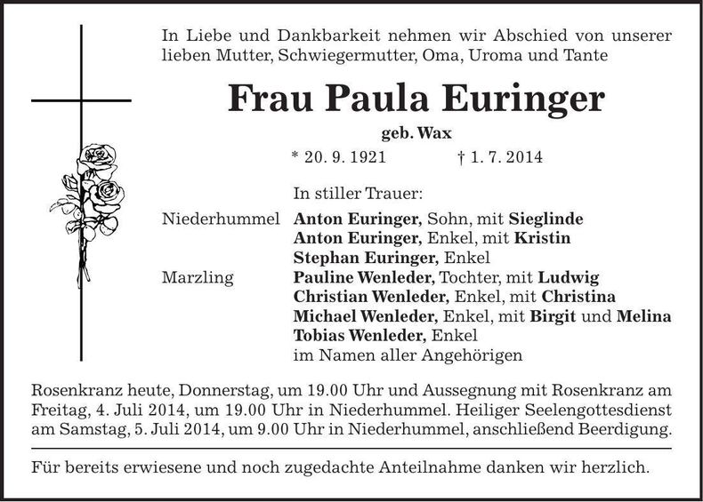 Traueranzeige Paula Euringer