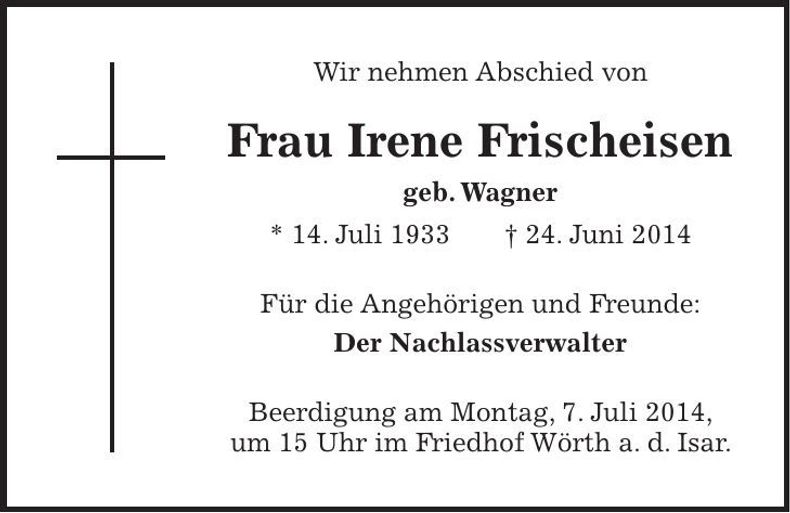 Traueranzeige Irene Frischeisen
