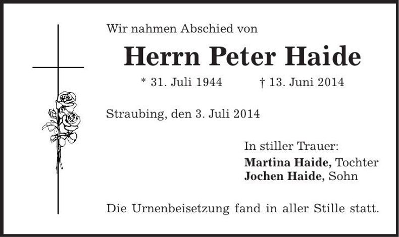 Traueranzeige Peter Haide