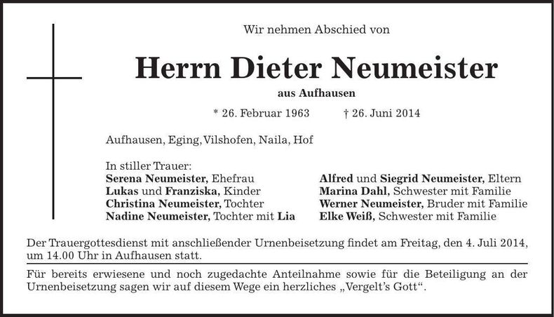 Traueranzeige Dieter Neumeister