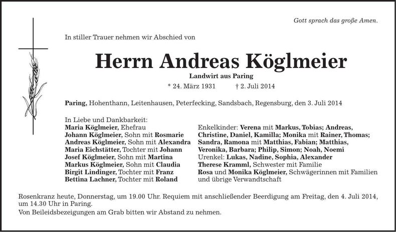 Traueranzeige Andreas Köglmeier