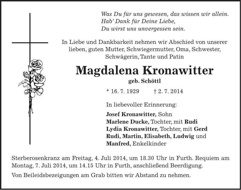 Traueranzeige Magdalena Kronawitter