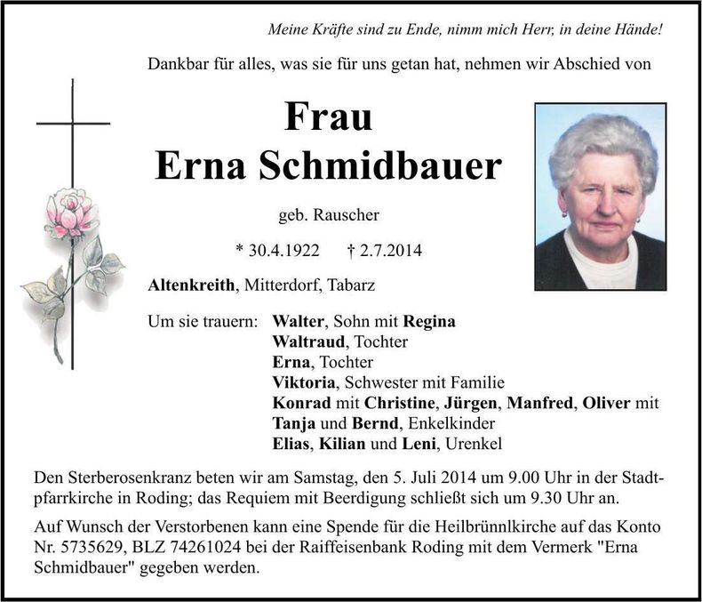 Traueranzeige Erna Schmidbauer