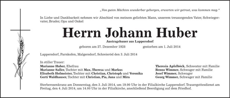 Traueranzeige Johann Huber