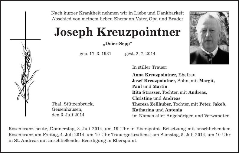 Traueranzeige Joseph Kreuzpointner