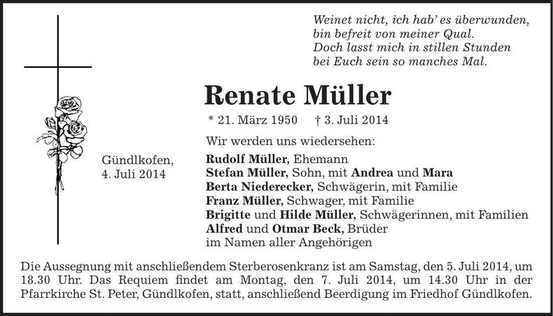 Traueranzeige Renate Müller