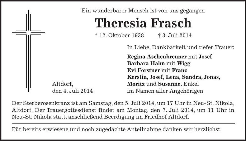 Traueranzeige Theresia Frasch