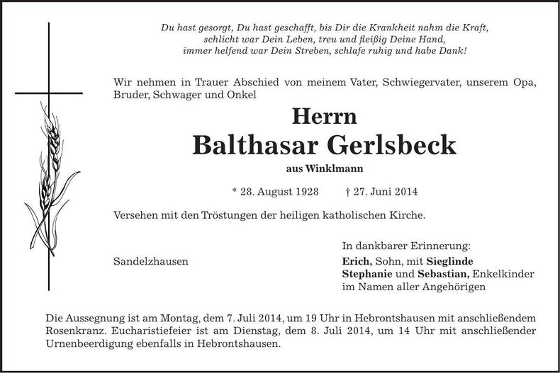 Traueranzeige Balthasar Gerlsbeck