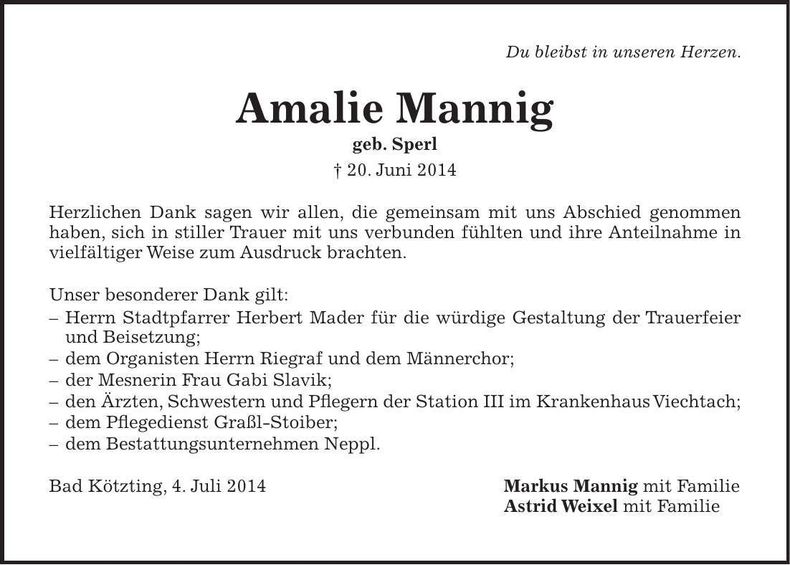 Traueranzeige Amalie Mannig
