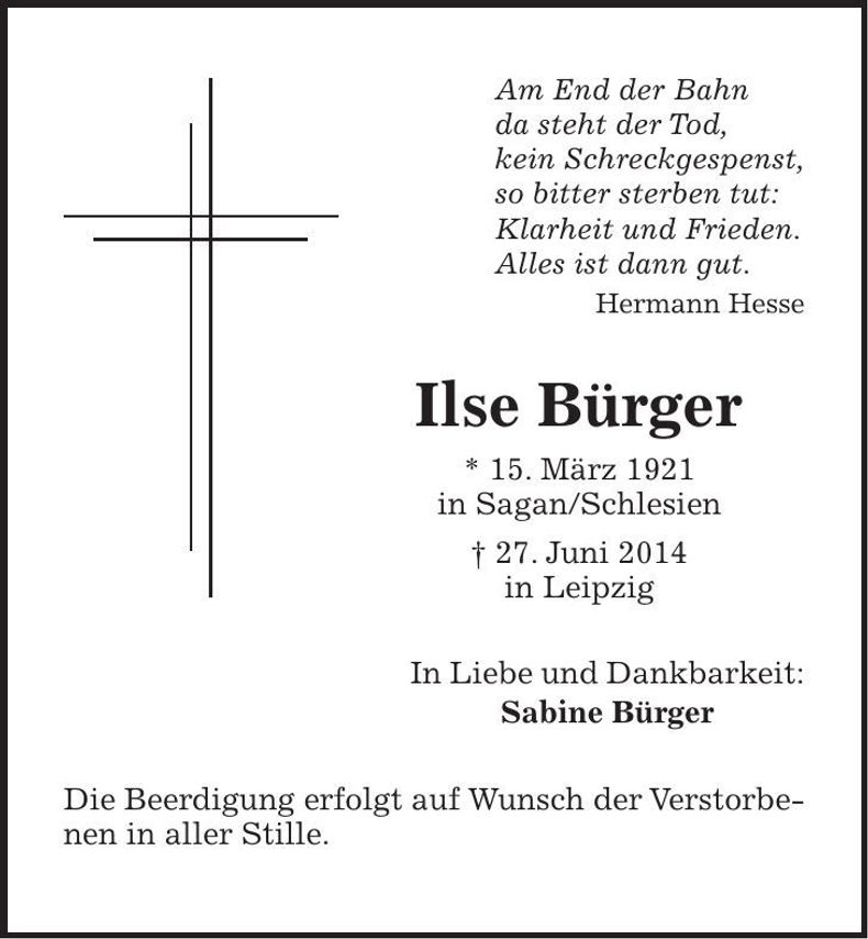 Traueranzeige Ilse Bürger