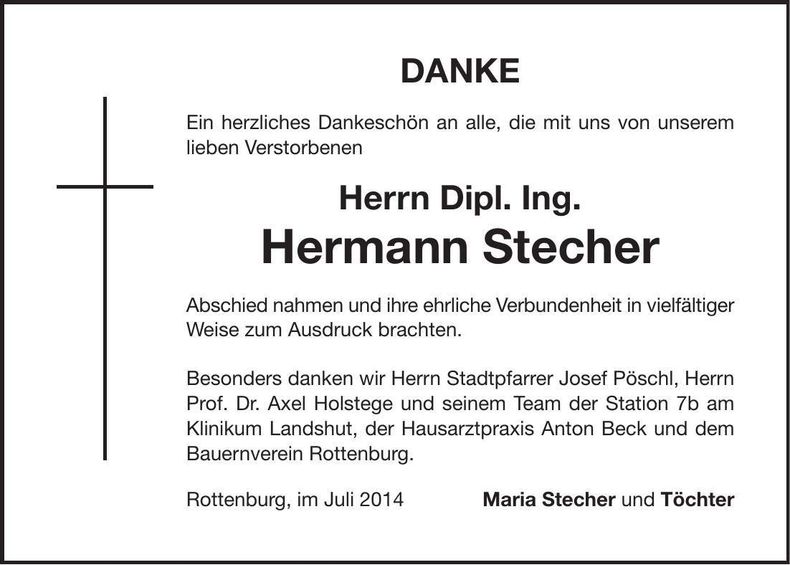 Traueranzeige Hermann Stecher