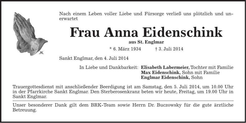 Traueranzeige Anna Eidenschink
