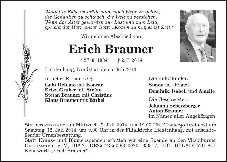 Traueranzeige Erich Brauner