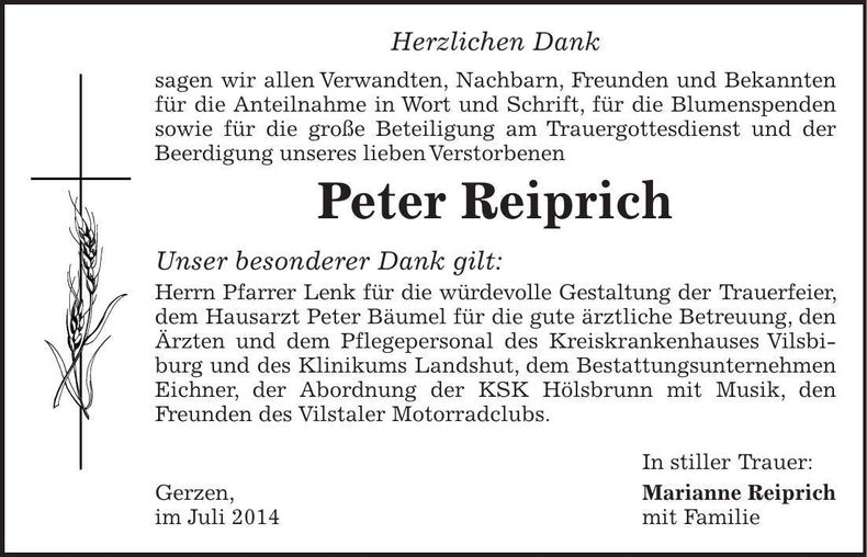 Traueranzeige Peter Reiprich