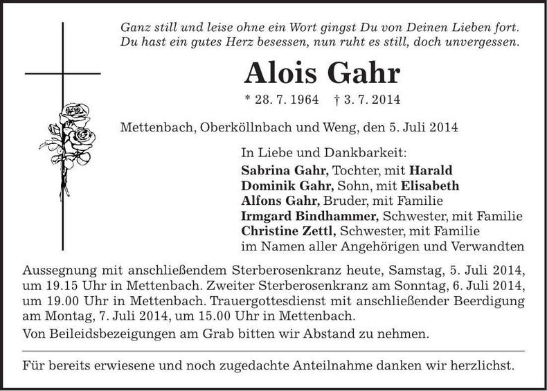 Traueranzeige Alois Gahr