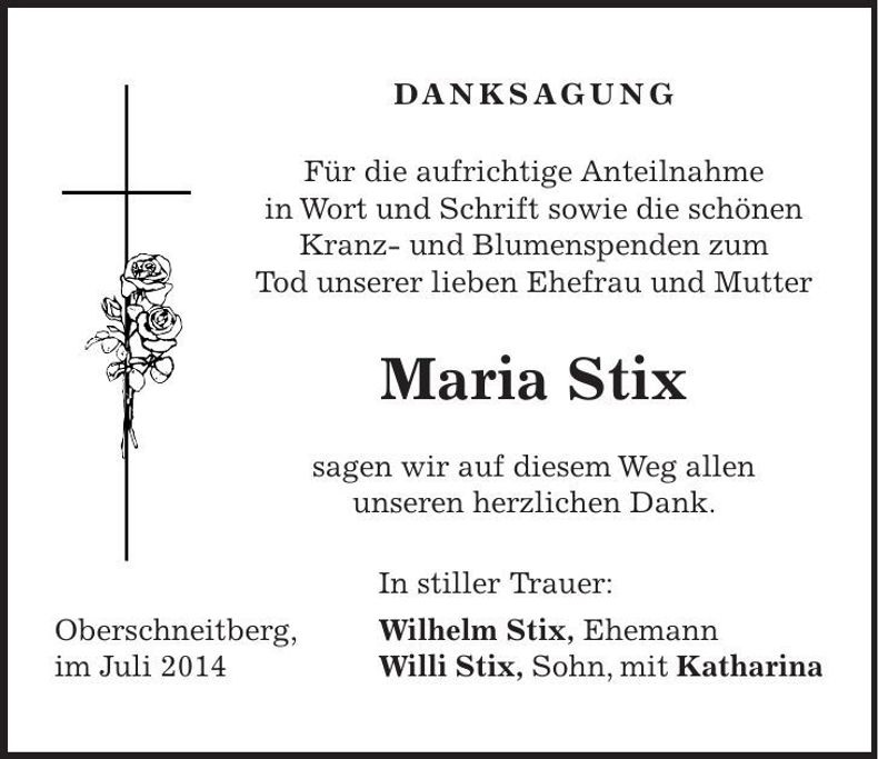 Traueranzeige Maria Stix