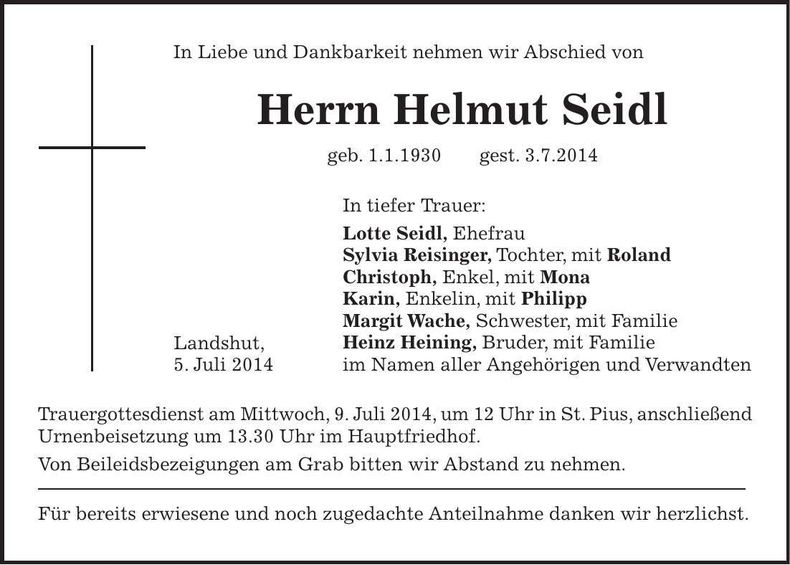 Traueranzeige Helmut Seidl