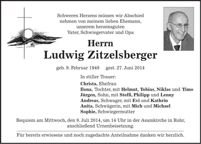 Traueranzeige Ludwig Zitzelsberger