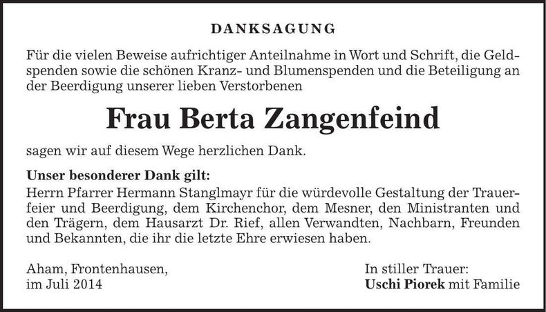 Traueranzeige Berta Zangenfeind