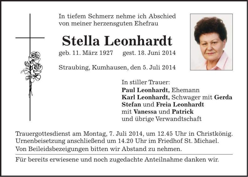 Traueranzeige Stella Leonhardt