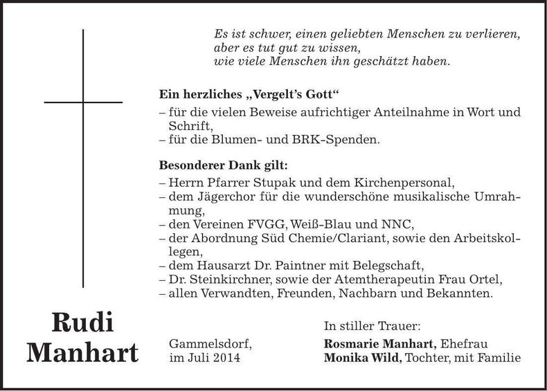 Traueranzeige Rudi Manhart