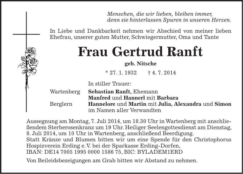 Traueranzeige Gertrud Ranft