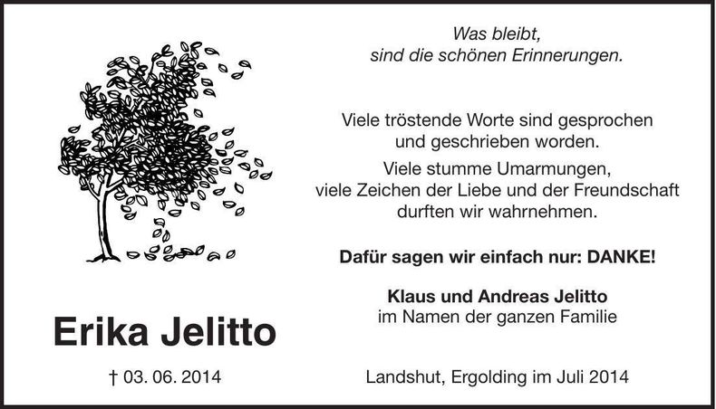 Traueranzeige Erika Jelitto
