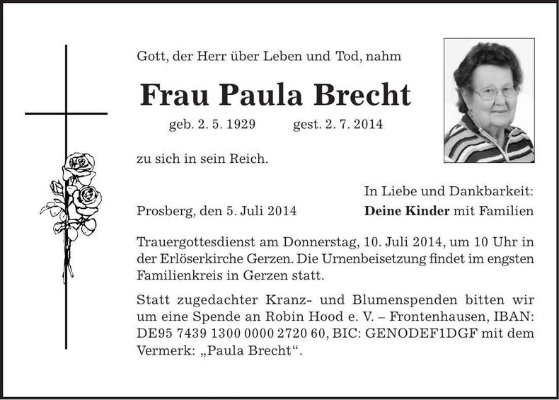 Traueranzeige Paula Brecht
