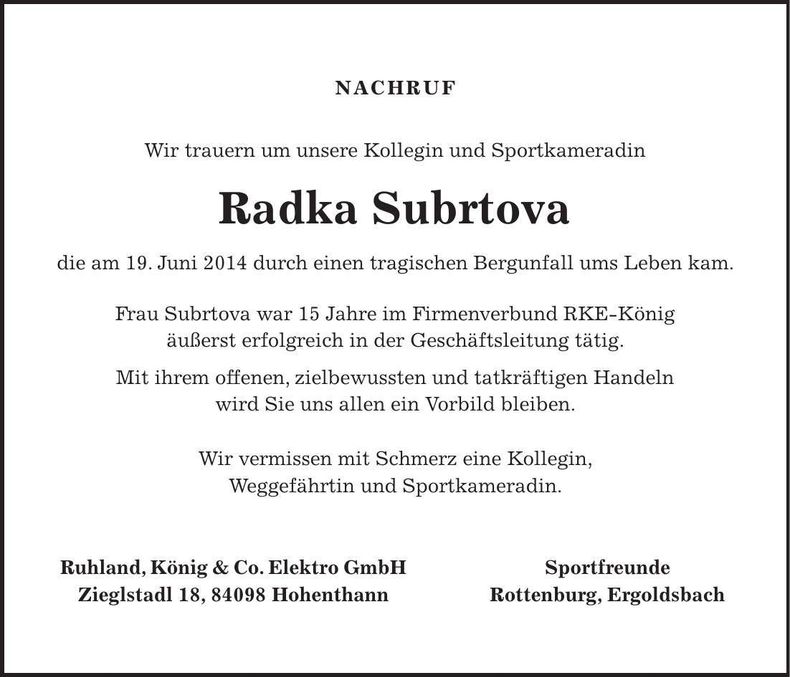 Traueranzeige Radka Subrtova