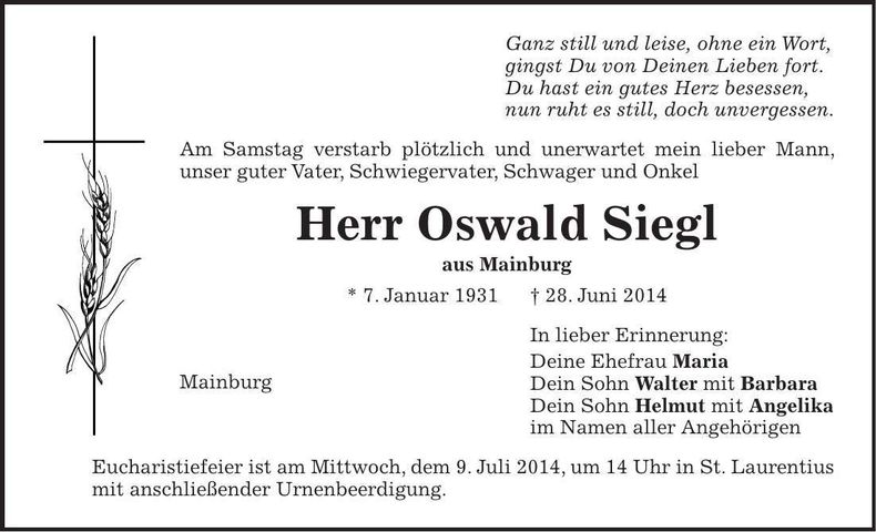 Traueranzeige Oswald Sigl