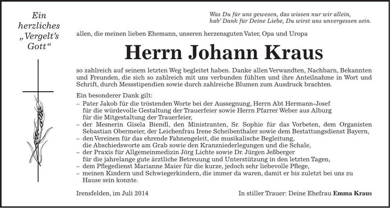 Traueranzeige Johann Kraus