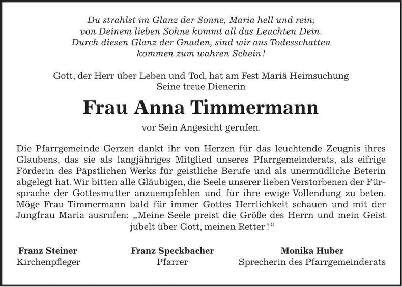 Traueranzeige Anna Timmermann