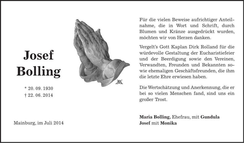 Traueranzeige Josef Bolling