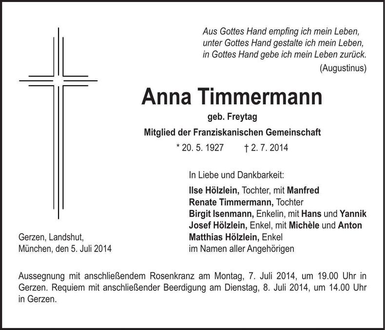 Traueranzeige Anna Timmermann