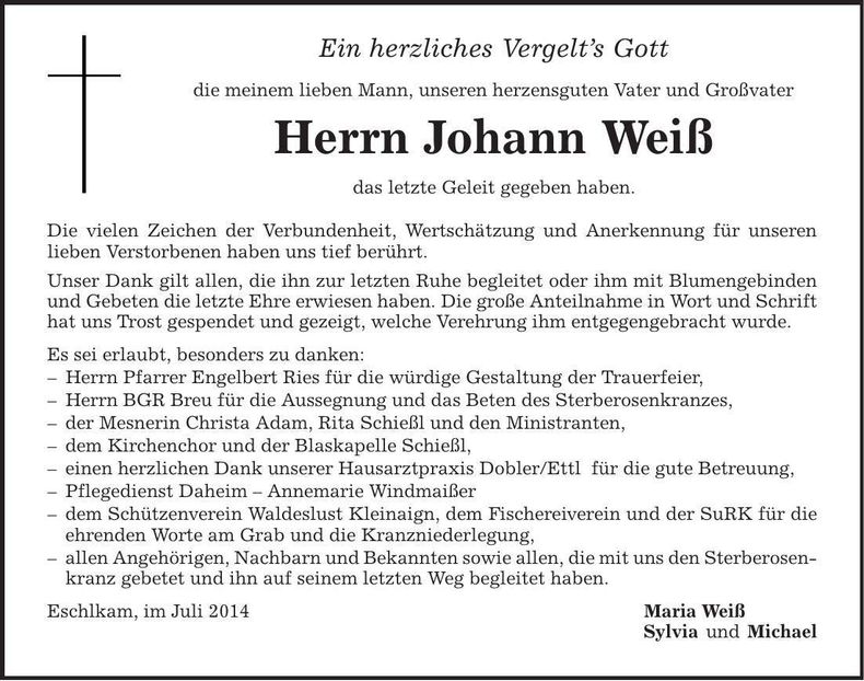 Traueranzeige Johann Weiß