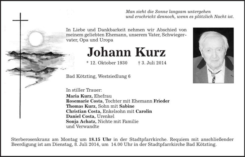 Traueranzeige Johann Kurz
