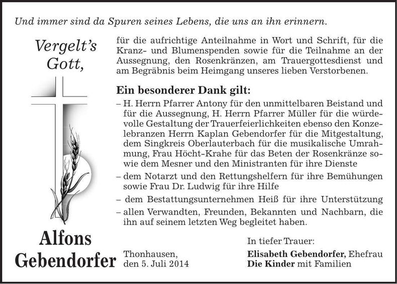 Traueranzeige Alfons Gebendorfer
