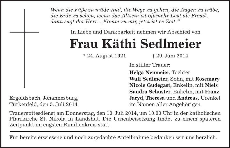 Traueranzeige Käthi Sedlmeier