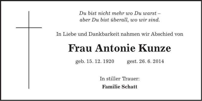 Traueranzeige Antonie Kunze