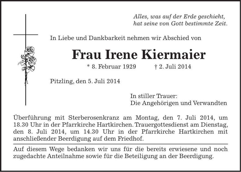 Traueranzeige Irene Kiermeier