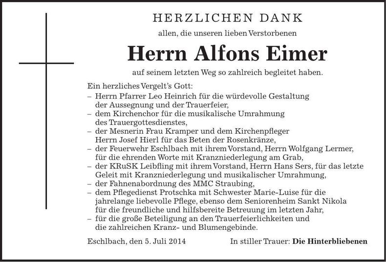 Traueranzeige Alfons Eimer