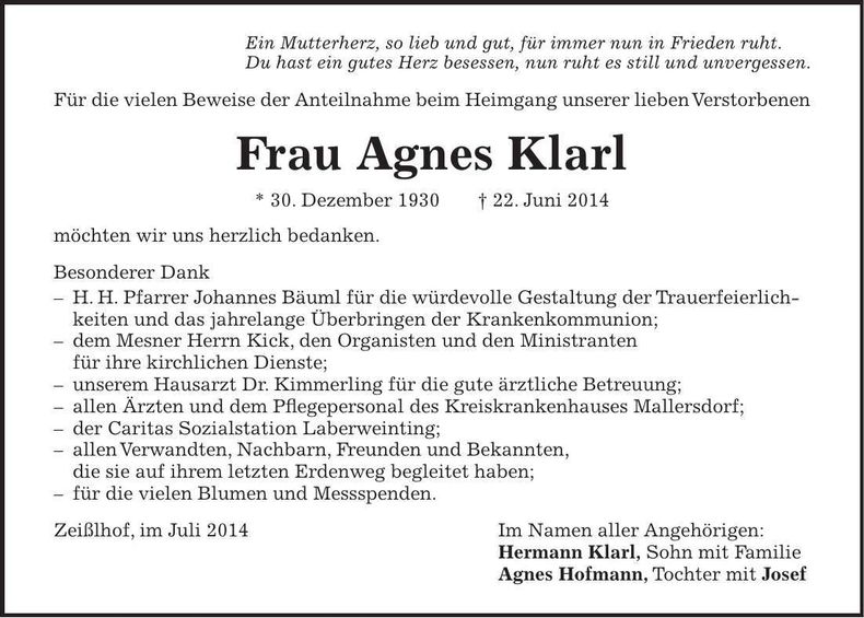 Traueranzeige Agnes Karl
