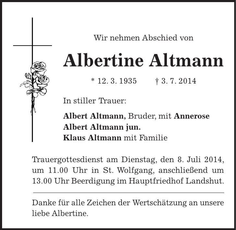 Traueranzeige Albertine Altmann