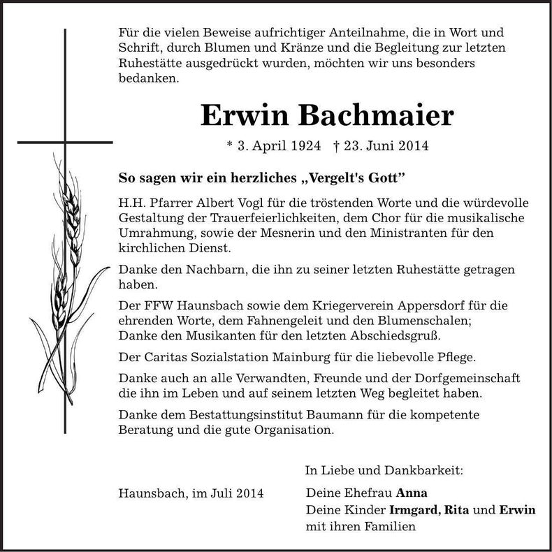 Traueranzeige Erwin Bachmaier