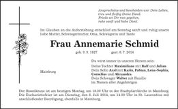 Traueranzeige Annemarie Schmid