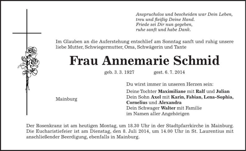 Traueranzeige Annemarie Schmid
