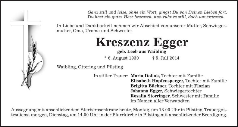 Traueranzeige Kreszenz Egger
