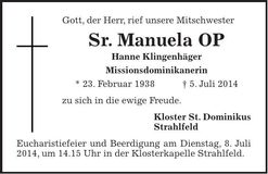 Traueranzeige Hanne Klingenhäger Sr. Manuela OP