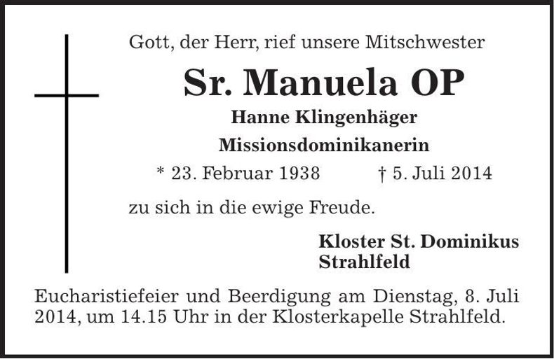 Traueranzeige Hanne Klingenhäger Sr. Manuela OP