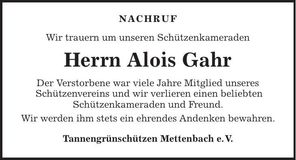 Traueranzeige Alois Gahr